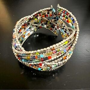 Chunky cuff multi-color beaded silver bracelet -Unique and fun! Bohemian